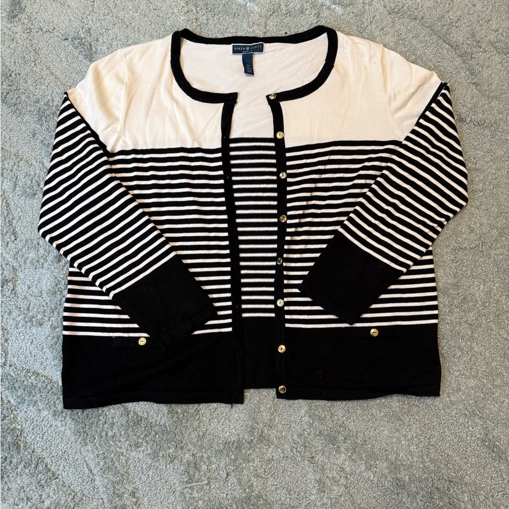 Karen Scott Black and White Cardigan with Gold Buttons
